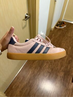adidas women’s Pink Suede Sneakers with Navy Stripes and Gum Sole